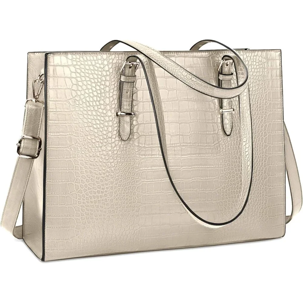 〽️Women Beige Leather Waterproof Professional Shoulder Bag 15.6 Inch Laptop Bag
